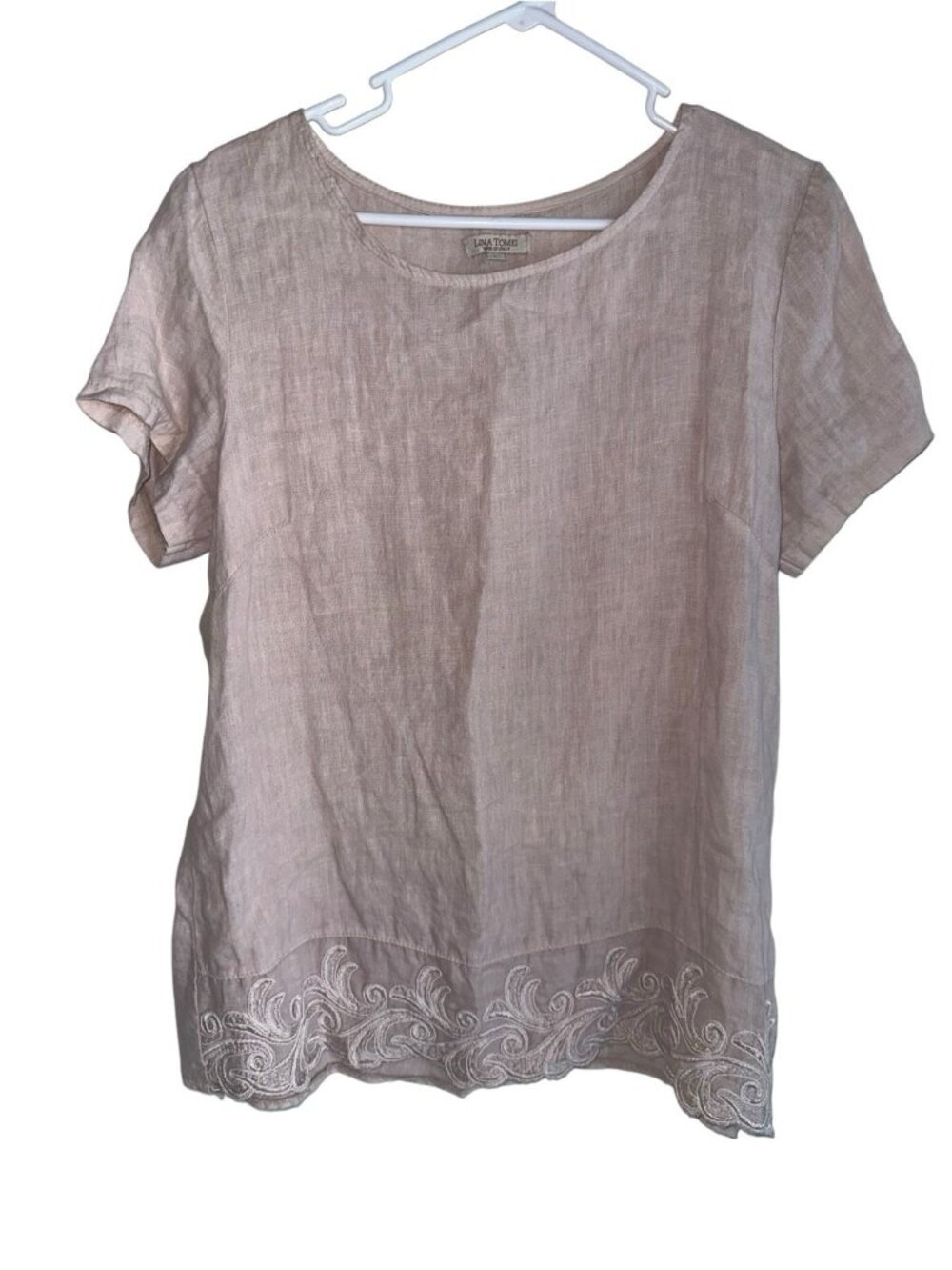 Lina Tomei Womens 100% Linen Top Sz L Soft Pink Embroidered Hem Boho Italy